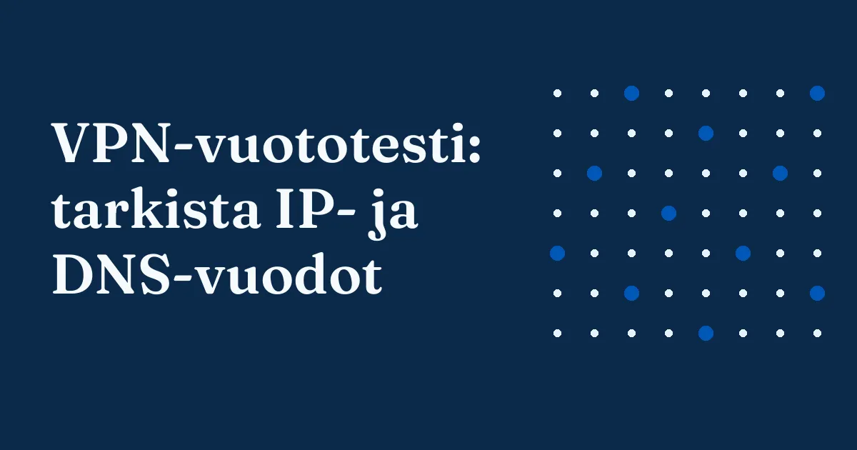 VPN-vuototesti: selaimessa testisivu, joka näyttää IP-osoitteen ja DNS-palvelimet