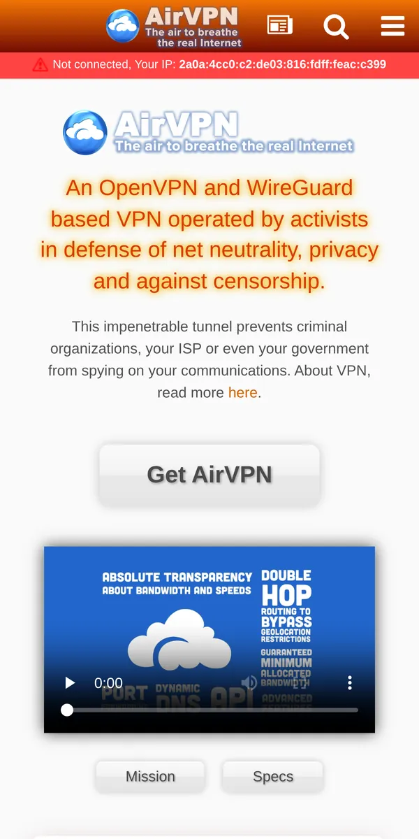 AirVPN-palvelun etusivu puhelimella – vertailussa: paras VPN Suomessa