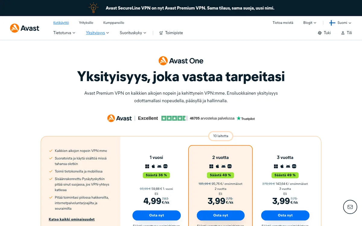 Avast Premium VPN-palvelun etusivu tietokoneella – vertailussa: paras VPN Suomessa