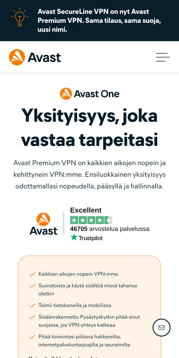 Avast Premium VPN-palvelun etusivu puhelimella – vertailussa: paras VPN Suomessa