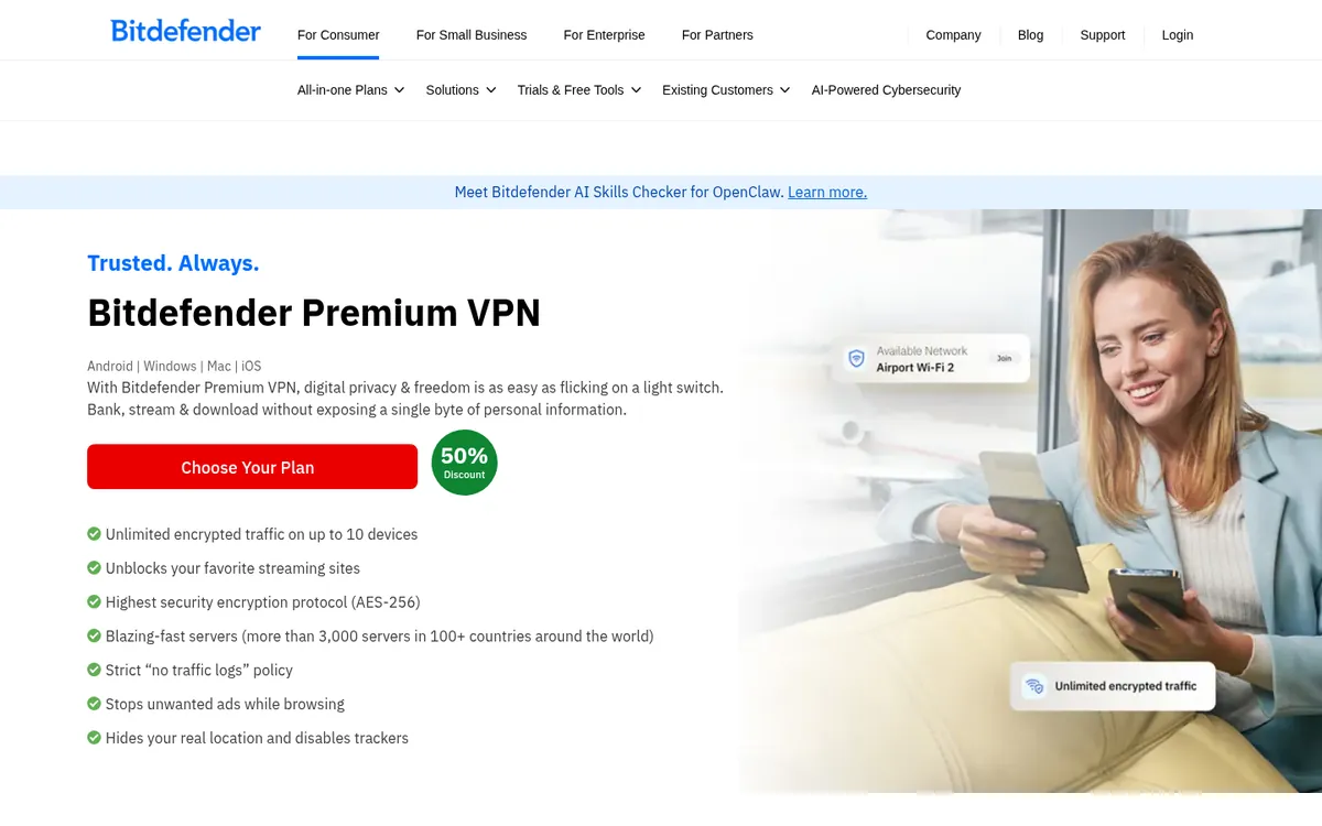 Bitdefender VPN-palvelun etusivu tietokoneella – vertailussa: paras VPN Suomessa