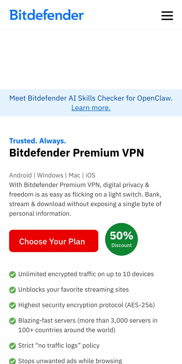 Bitdefender VPN-palvelun etusivu puhelimella – vertailussa: paras VPN Suomessa