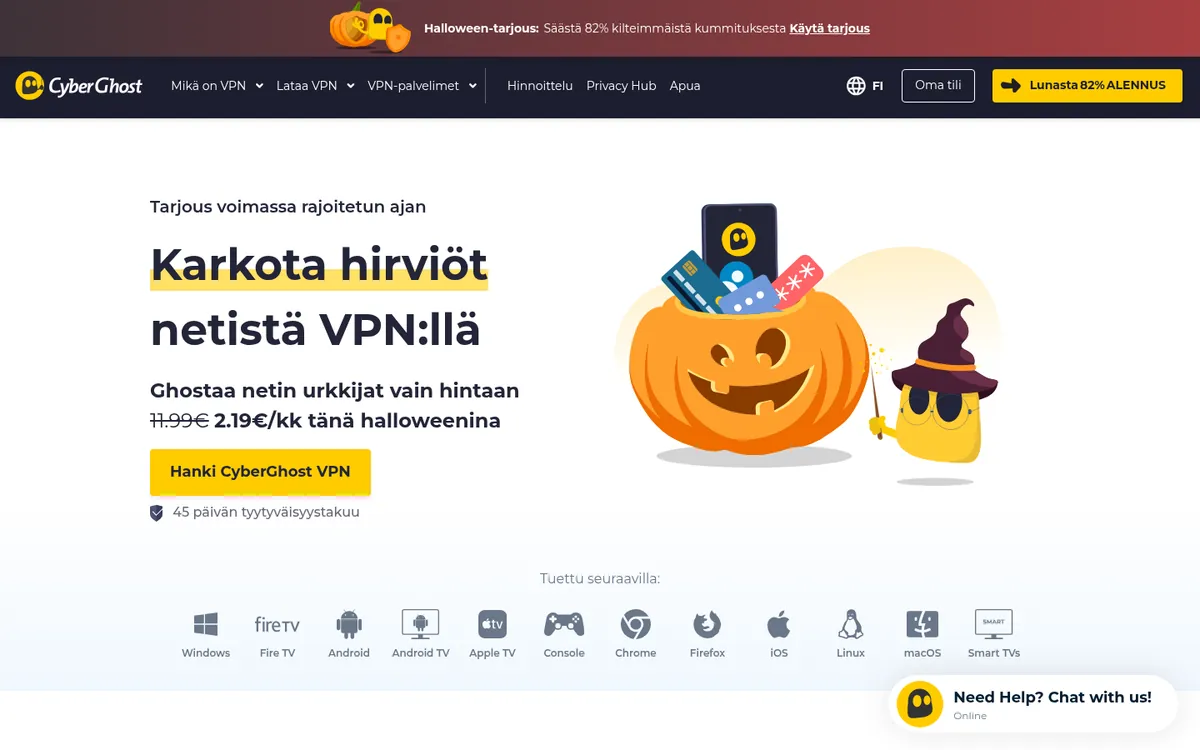 CyberGhost-palvelun etusivu tietokoneella – vertailussa: paras VPN Suomessa
