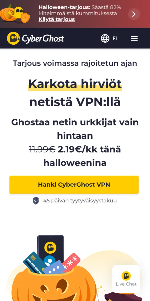 CyberGhost-palvelun etusivu puhelimella – vertailussa: paras VPN Suomessa