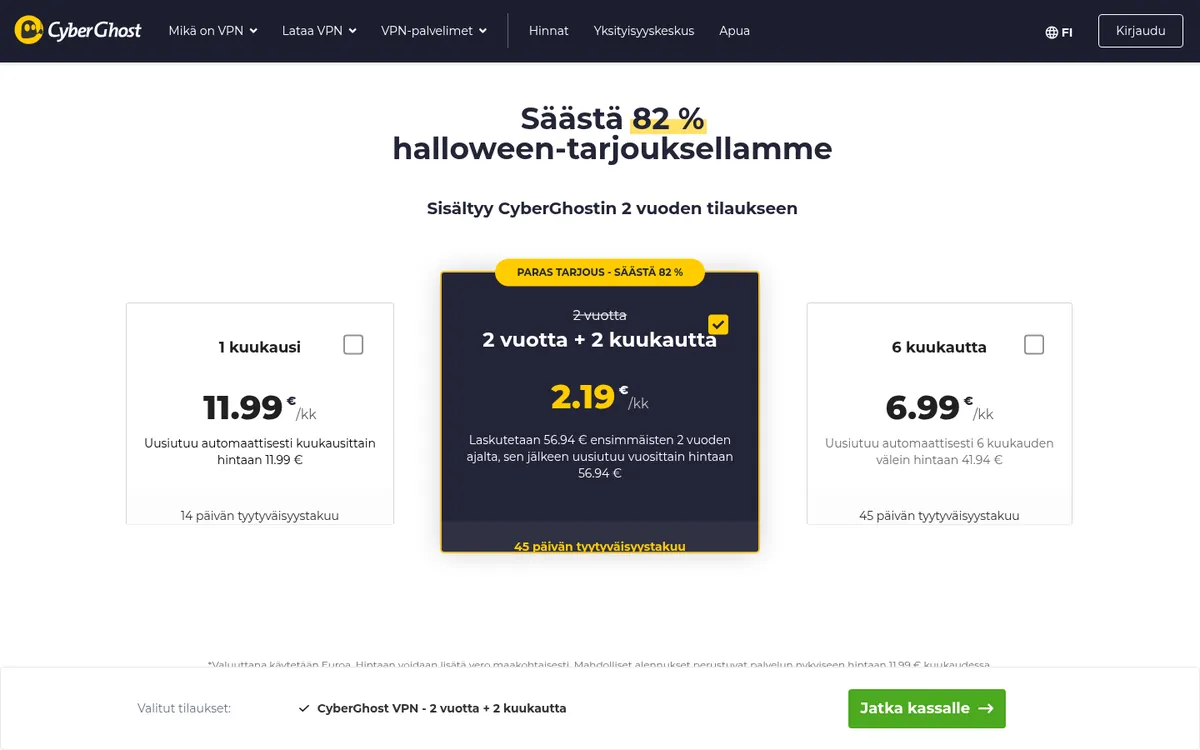 CyberGhost-palvelun hinnasto – vertailussa: paras VPN Suomessa