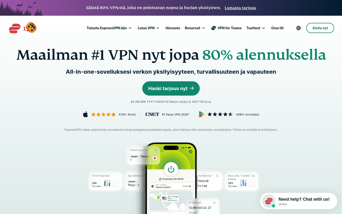ExpressVPN:n etusivu, yksi vertailun palveluista