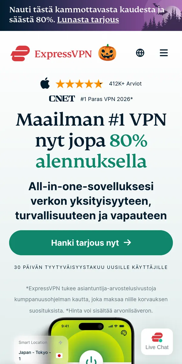 ExpressVPN-palvelun etusivu puhelimella – vertailussa: paras VPN Suomessa