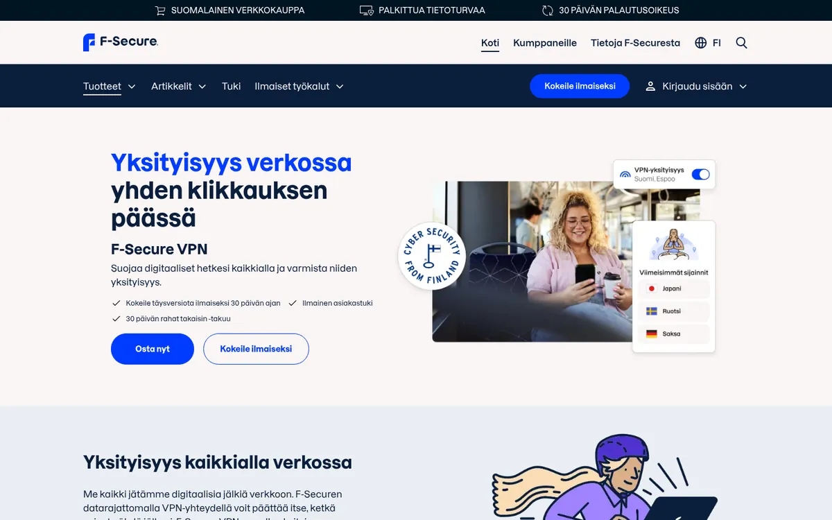 F-Secure VPN-palvelun etusivu tietokoneella – vertailussa: paras VPN Suomessa