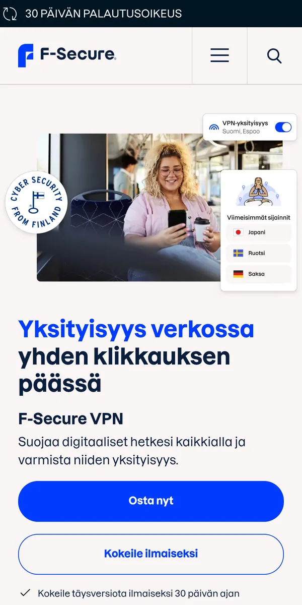 F-Secure VPN-palvelun etusivu puhelimella – vertailussa: paras VPN Suomessa