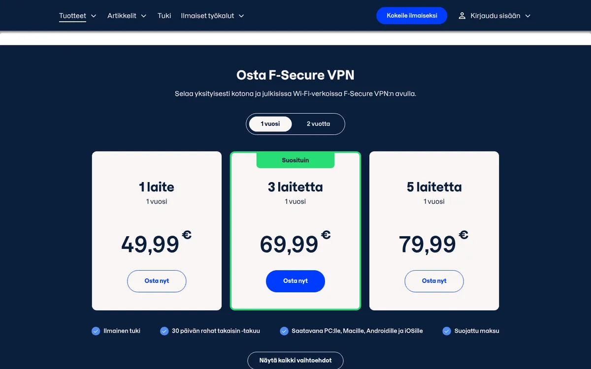 F-Secure VPN-palvelun hinnasto – vertailussa: paras VPN Suomessa