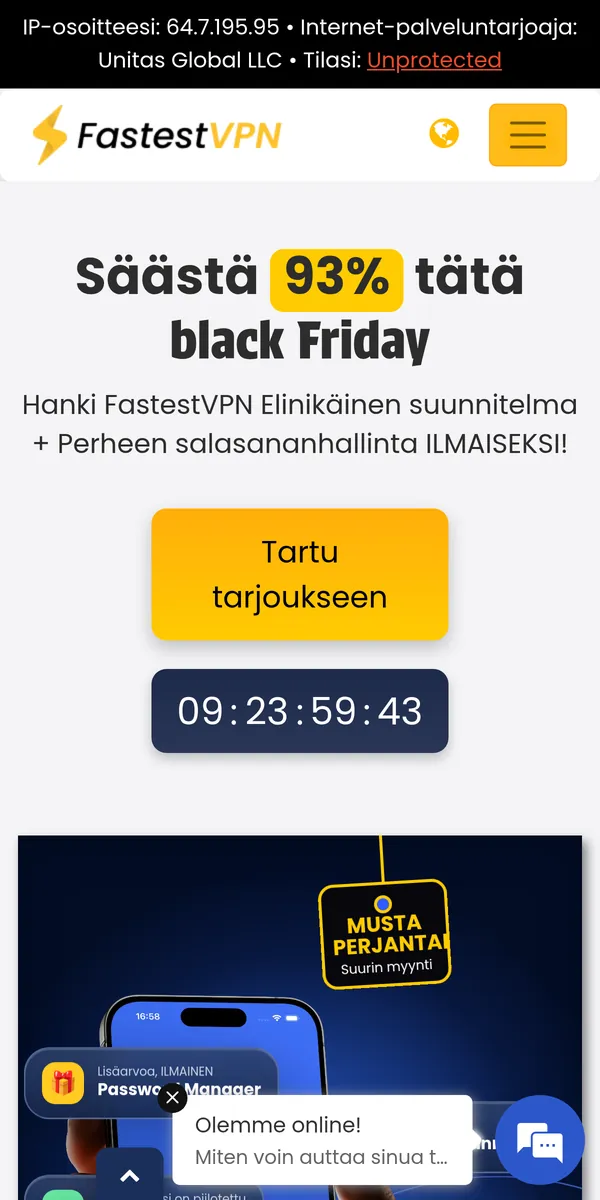 FastestVPN-palvelun etusivu puhelimella – vertailussa: paras VPN Suomessa