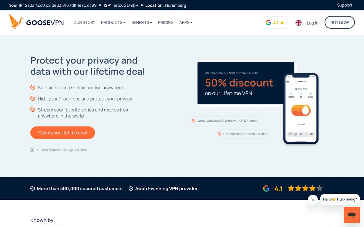 Goose VPN-palvelun etusivu tietokoneella – vertailussa: paras VPN Suomessa
