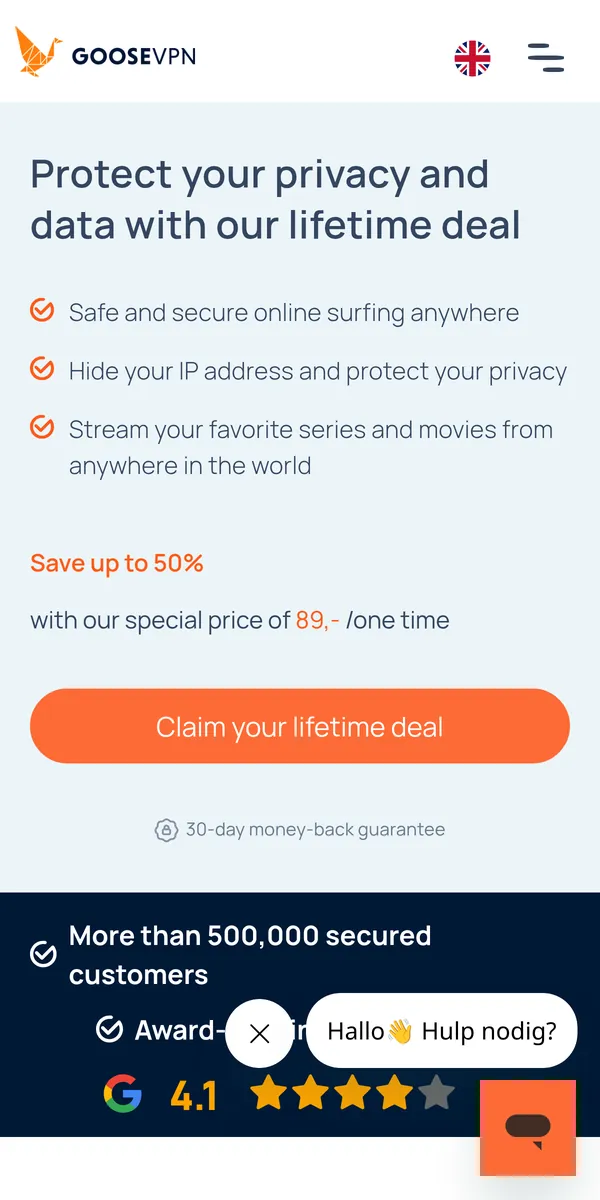 Goose VPN-palvelun etusivu puhelimella – vertailussa: paras VPN Suomessa