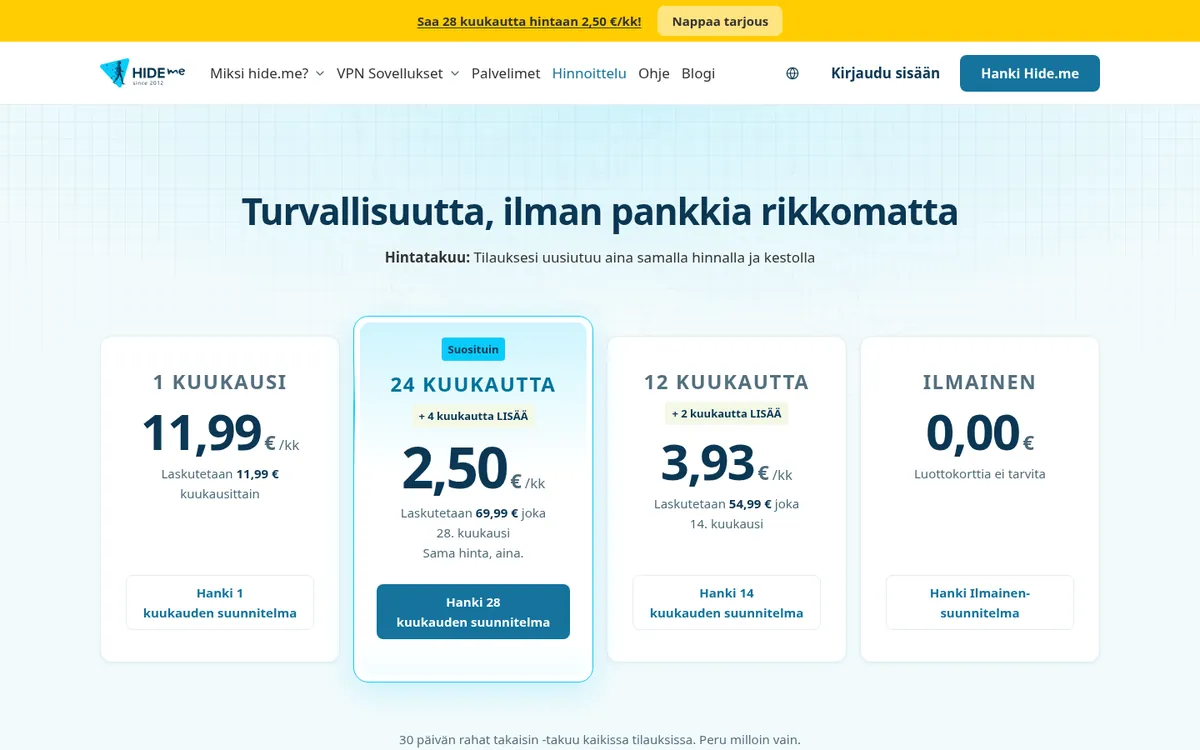 hide.me-palvelun hinnasto – vertailussa: paras VPN Suomessa