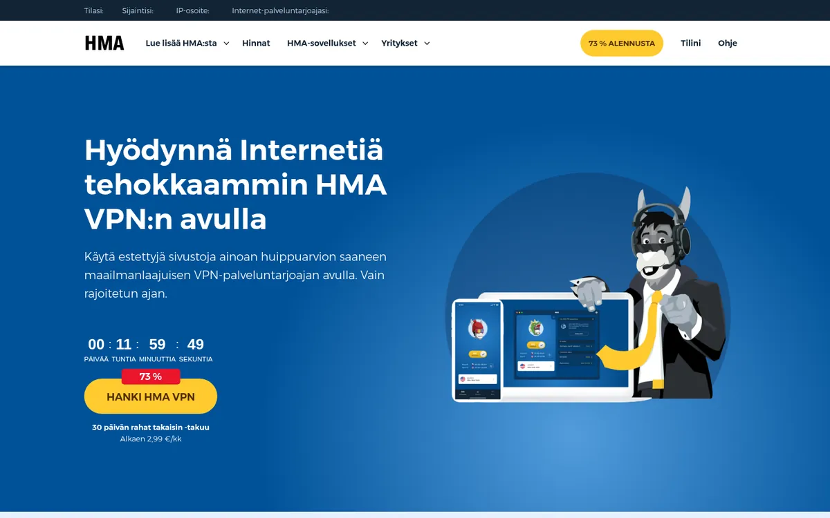 HMA-palvelun etusivu tietokoneella – vertailussa: paras VPN Suomessa