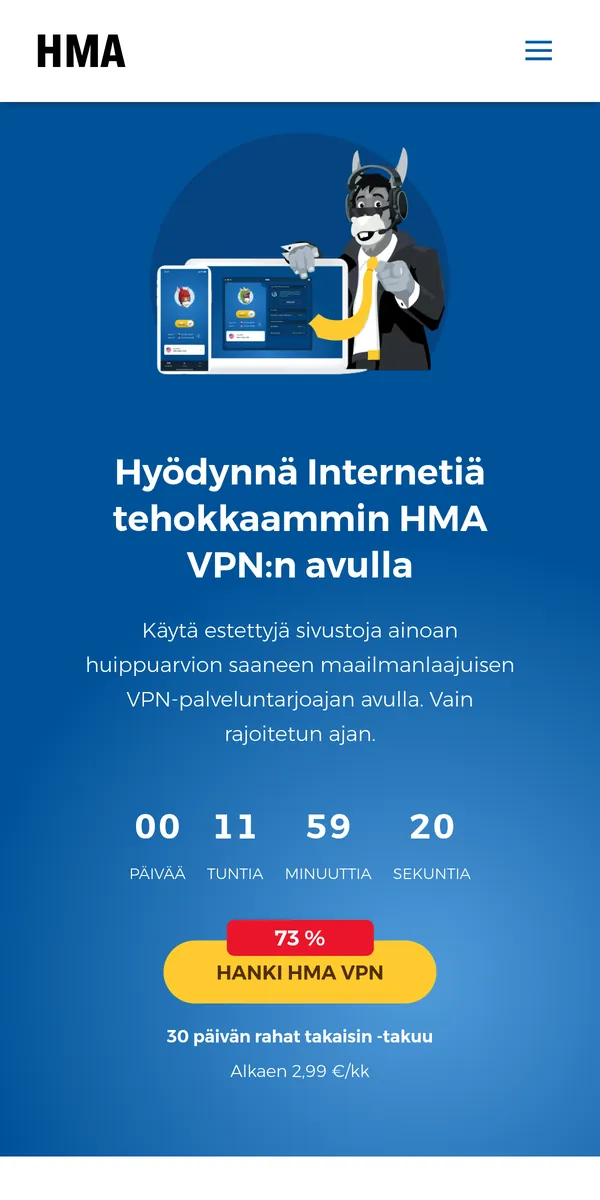 HMA-palvelun etusivu puhelimella – vertailussa: paras VPN Suomessa
