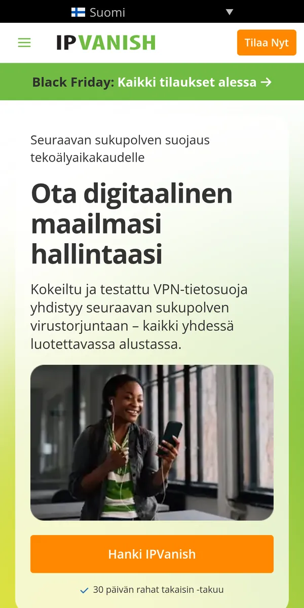 IPVanish-palvelun etusivu puhelimella – vertailussa: paras VPN Suomessa