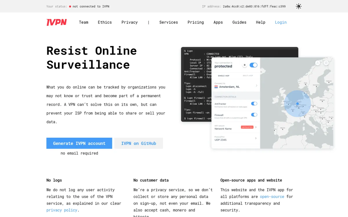 IVPN-palvelun etusivu tietokoneella – vertailussa: paras VPN Suomessa