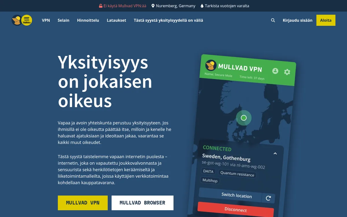 Mullvad-palvelun etusivu tietokoneella – vertailussa: paras VPN Suomessa