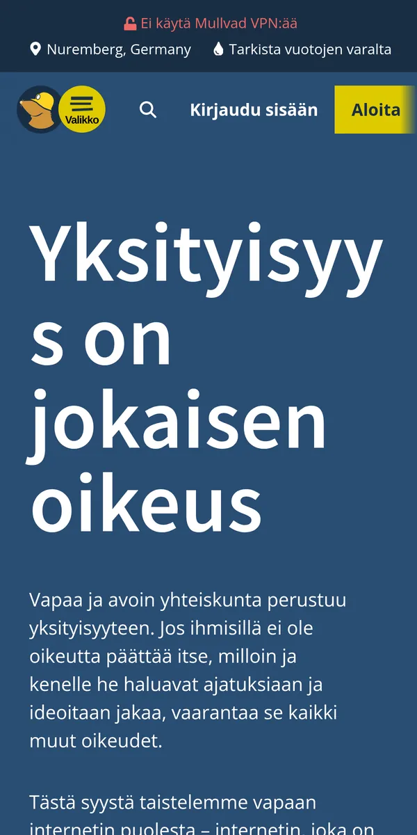 Mullvad-palvelun etusivu puhelimella – vertailussa: paras VPN Suomessa