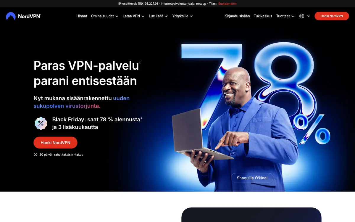 NordVPN-palvelun etusivu tietokoneella – vertailussa: paras VPN Suomessa