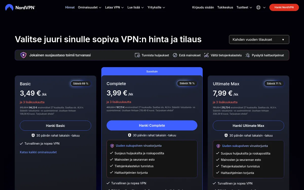 NordVPN:n hintasivu, jossa paketteja voi verrata ennen valintaa