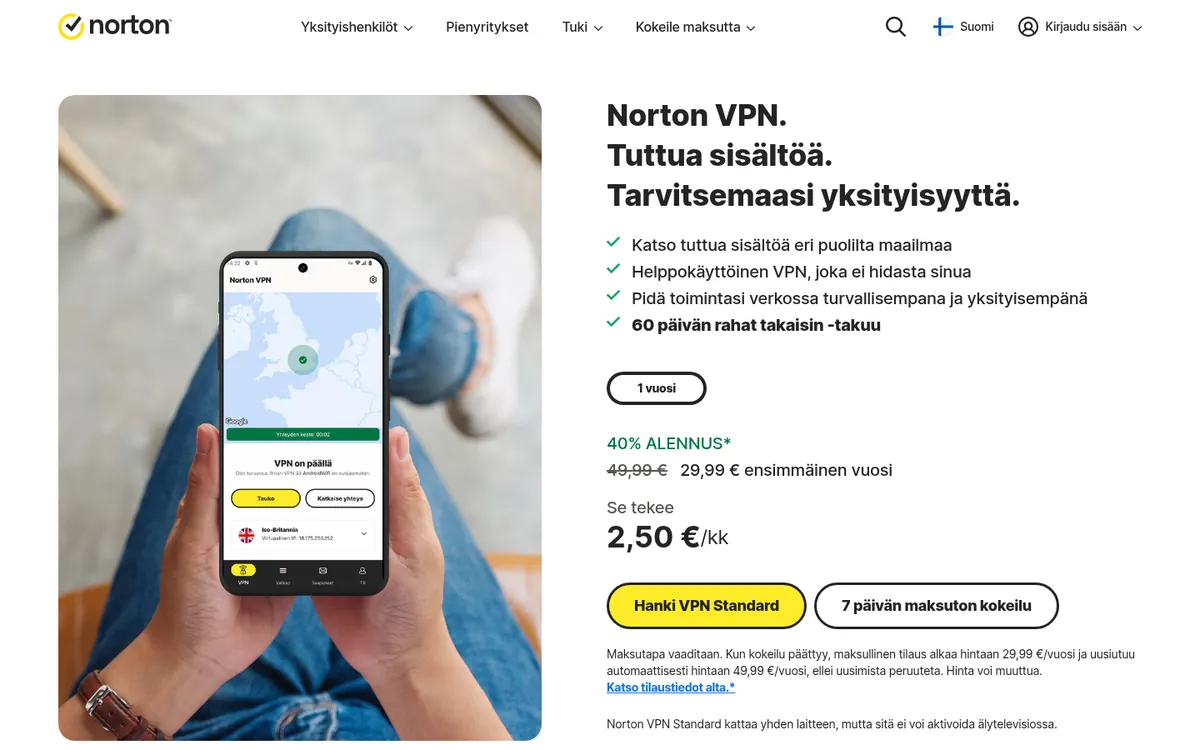Norton VPN-palvelun etusivu tietokoneella – vertailussa: paras VPN Suomessa