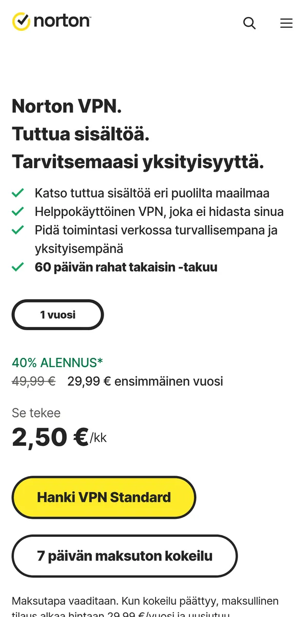 Norton VPN-palvelun etusivu puhelimella – vertailussa: paras VPN Suomessa
