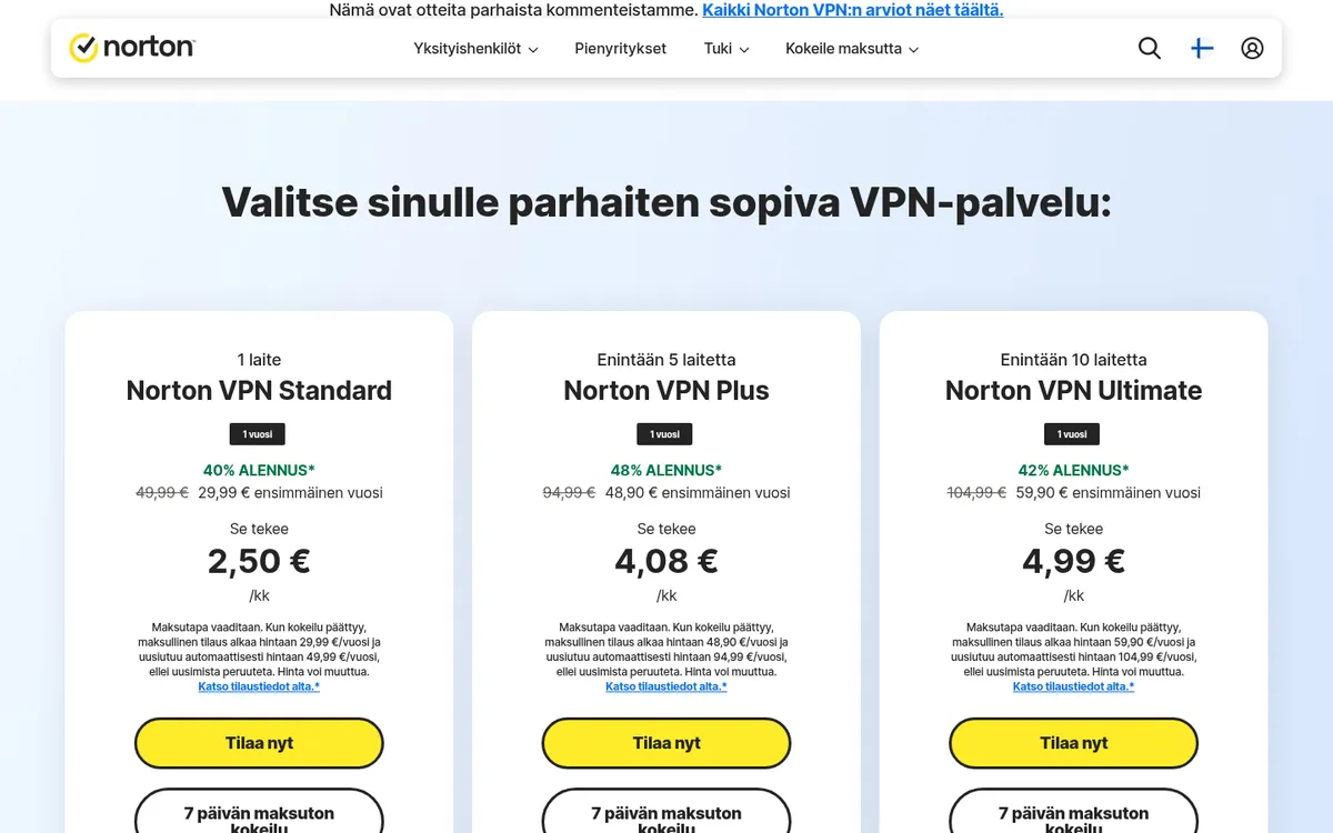 Norton VPN-palvelun hinnasto – vertailussa: paras VPN Suomessa