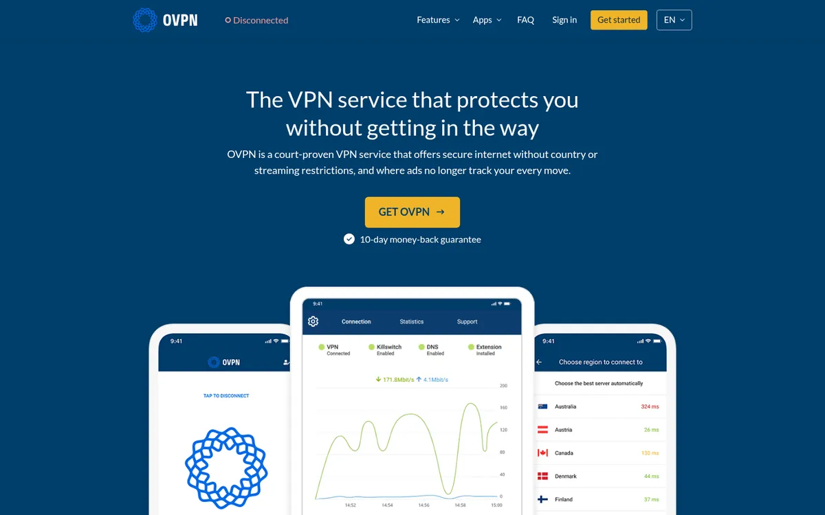 OVPN-palvelun etusivu tietokoneella – vertailussa: paras VPN Suomessa