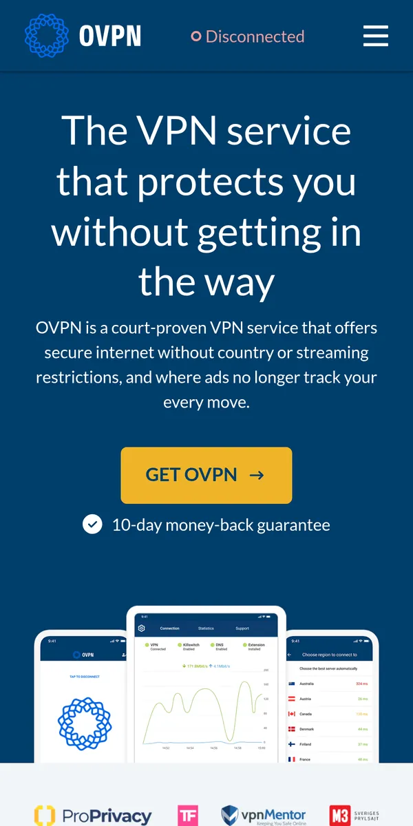 OVPN-palvelun etusivu puhelimella – vertailussa: paras VPN Suomessa