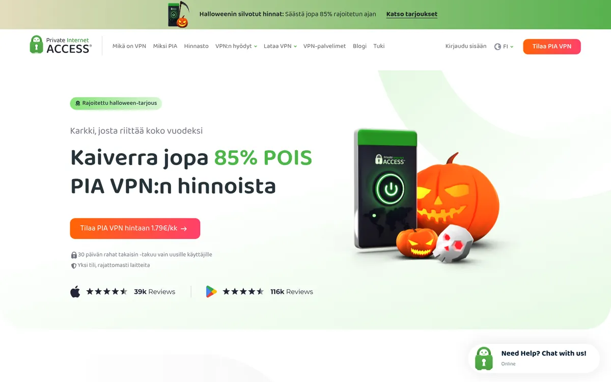 Private Internet Access-palvelun etusivu tietokoneella – vertailussa: paras VPN Suomessa