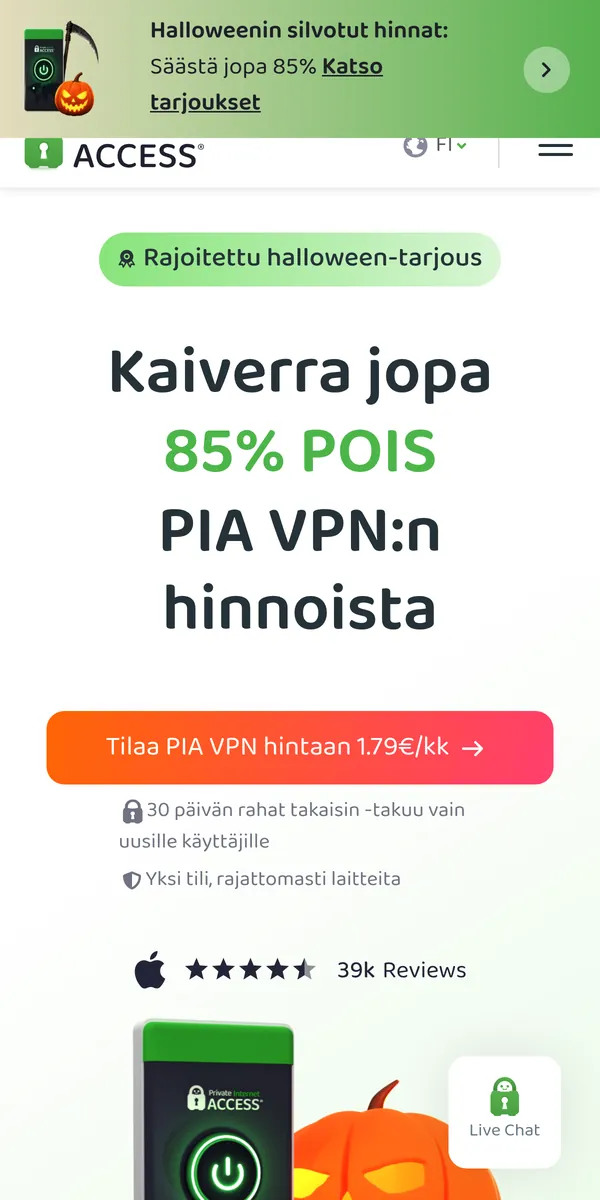 Private Internet Access-palvelun etusivu puhelimella – vertailussa: paras VPN Suomessa