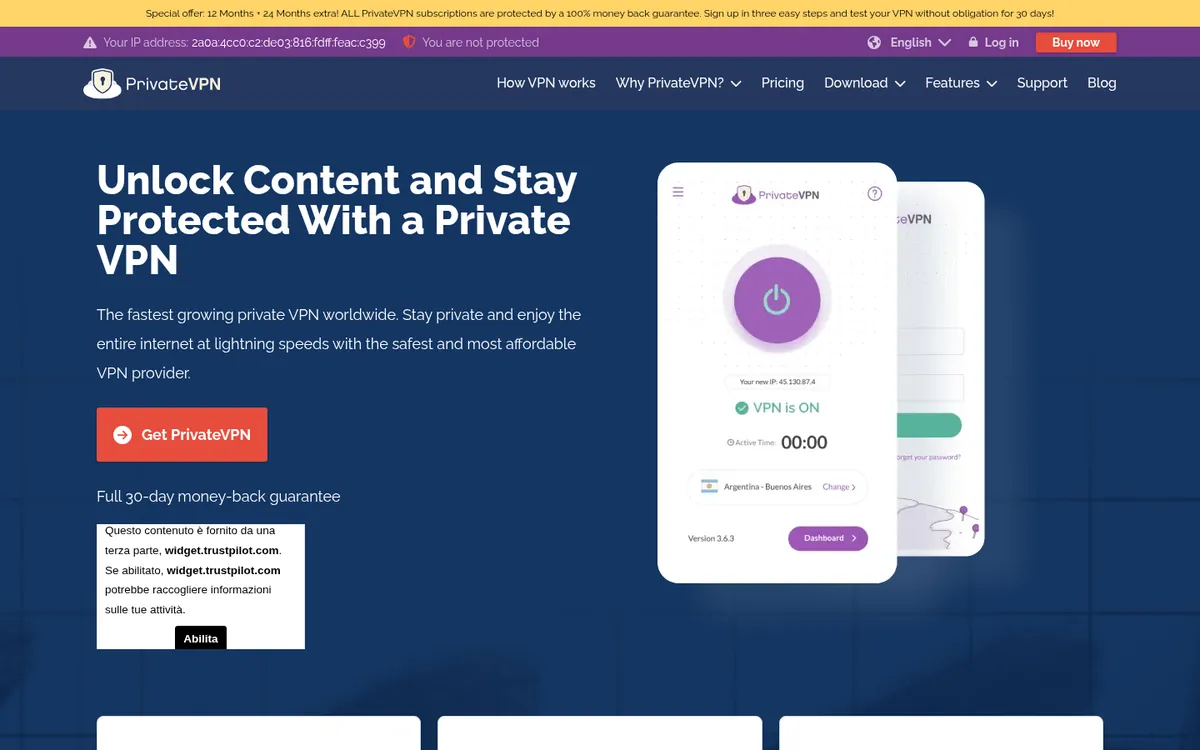 PrivateVPN-palvelun etusivu tietokoneella – vertailussa: paras VPN Suomessa