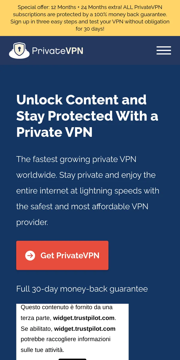 PrivateVPN-palvelun etusivu puhelimella – vertailussa: paras VPN Suomessa