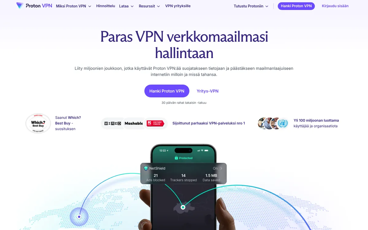 Proton VPN-palvelun etusivu tietokoneella – vertailussa: paras VPN Suomessa