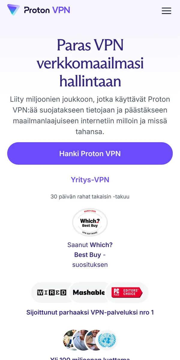 Proton VPN-palvelun etusivu puhelimella – vertailussa: paras VPN Suomessa