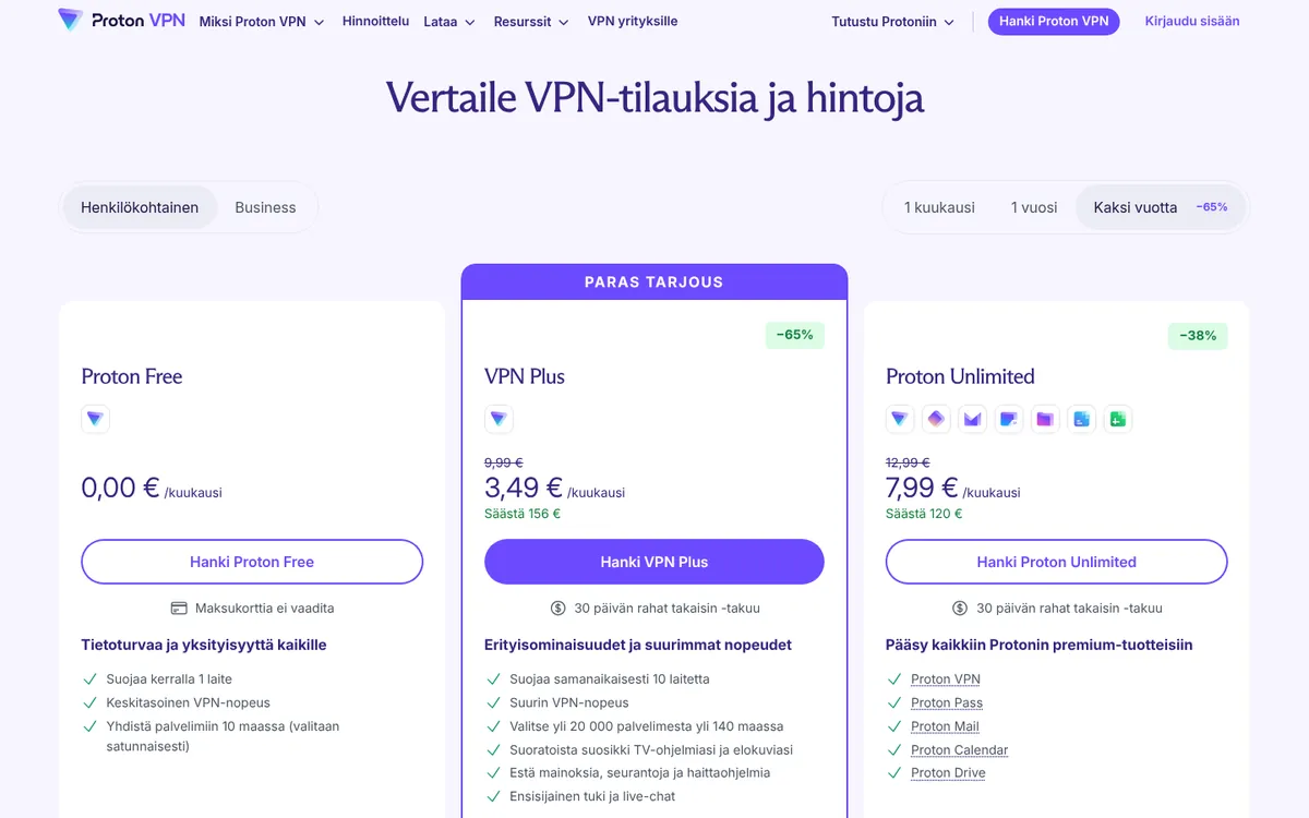 Proton VPN:n hintasivu, jossa näkyvät ilmainen versio ja maksulliset paketit