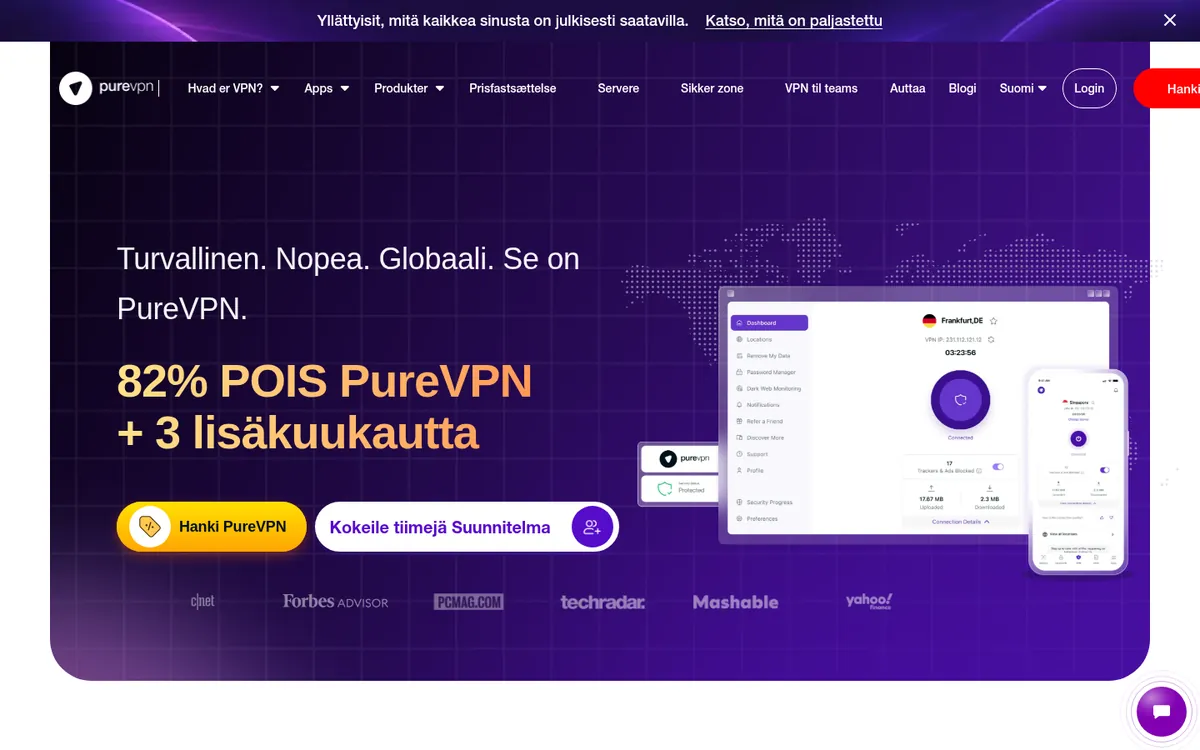 PureVPN-palvelun etusivu tietokoneella – vertailussa: paras VPN Suomessa