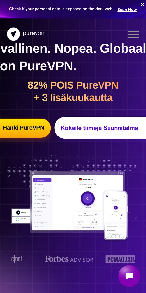 PureVPN-palvelun etusivu puhelimella – vertailussa: paras VPN Suomessa