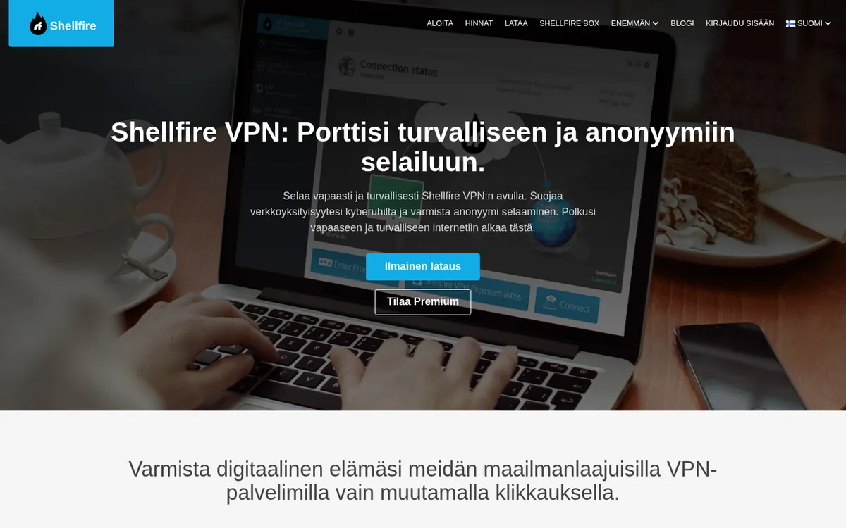 Shellfire VPN-palvelun etusivu tietokoneella – vertailussa: paras VPN Suomessa