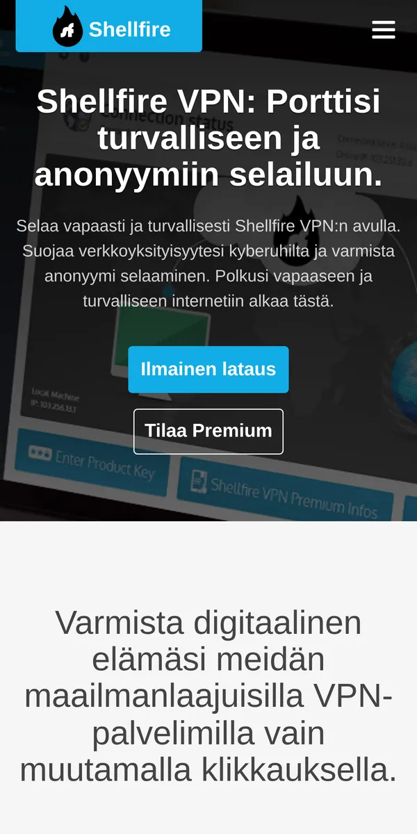 Shellfire VPN-palvelun etusivu puhelimella – vertailussa: paras VPN Suomessa
