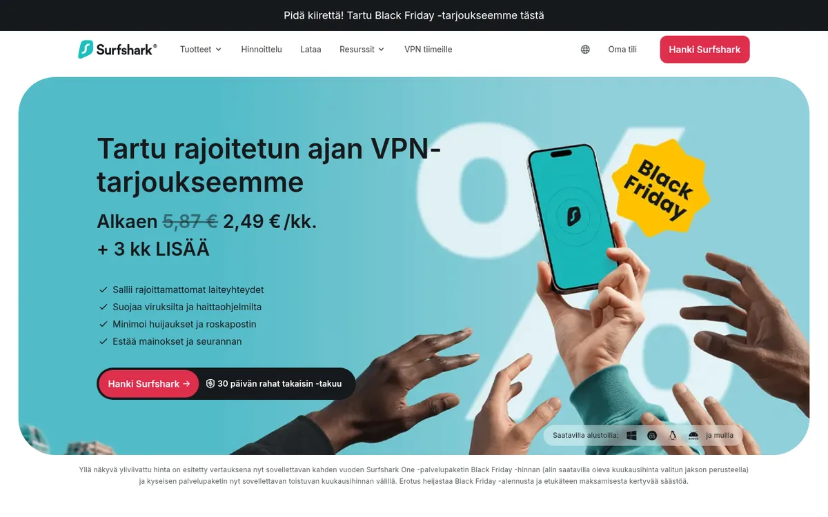 Surfsharkin etusivu, yksi vertailun VPN-palveluista