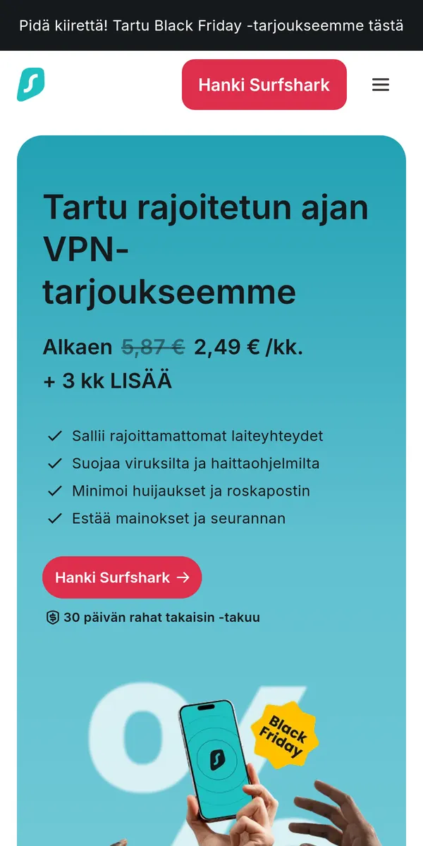 Surfshark-palvelun etusivu puhelimella – vertailussa: paras VPN Suomessa
