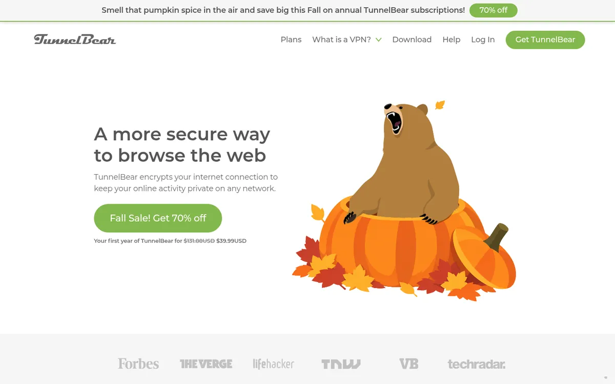 TunnelBear-palvelun etusivu tietokoneella – vertailussa: paras VPN Suomessa