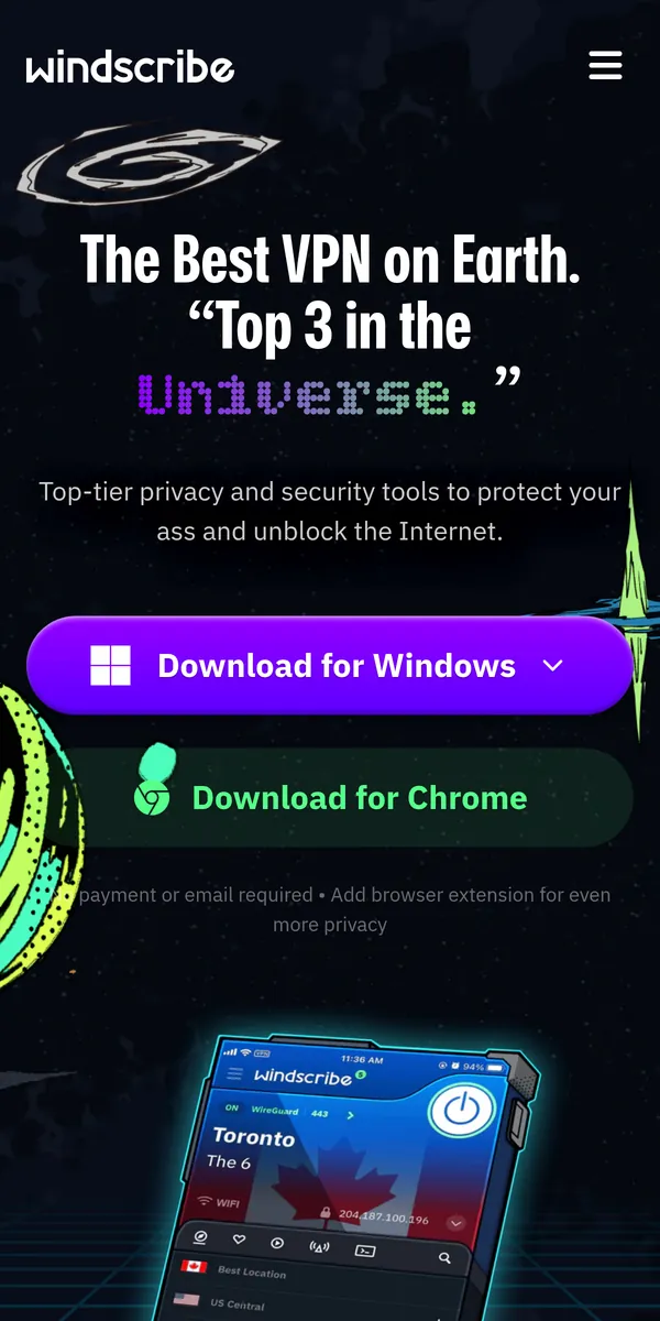 Windscribe-palvelun etusivu puhelimella – vertailussa: paras VPN Suomessa